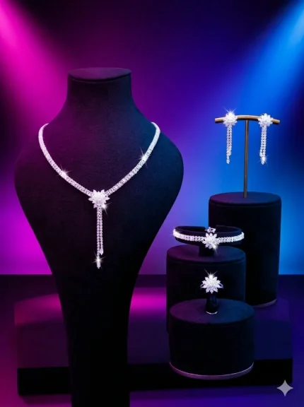 ترندات المجوهرات , 5 قطع طقم مجوهرات أزهار 3D من الزركونيا المكعبة الرائع، يشمل قلادة وأقراط وخاتم وسوار | متجر نايس نايت
